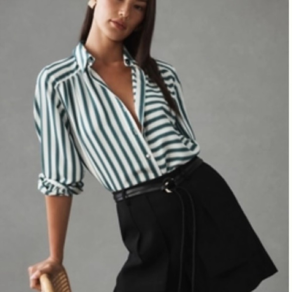 Maeve Green and White Striped Button Down Shirt